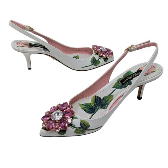 Dolce & Gabbana Jeweled Bellucci Floral Print Slingback Heels White and Pink 35 - Picture 5 of 16